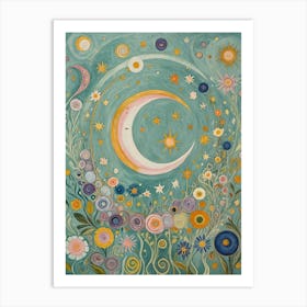 Abstract Pastel Moon And Flowers Art Print