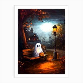 Ghost Sitting On A Bench At Night Art Print