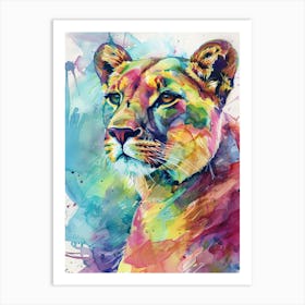 Mountain Lion Colourful Watercolour 2 Art Print
