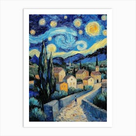 Starry Night Vincent Van Gogh Painting Style, Landscape In Blue Tones, Masterpiece 1 Art Print