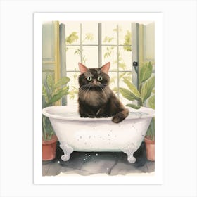 Black Cat In Bathtub Botanical Bathroom 8 Art Print