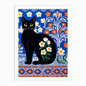 Black Cat In Floral Pattern Art Print