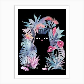 Popoki (Black Cat in Tropical Flowers) on Black Art Print