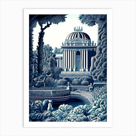Gardens Of The Royal Palace Of Caserta, Italy Linocut Black And White Vintage Art Print