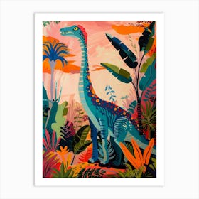 Colourful Dinosaur In The Leaves Painting 1 Art Print