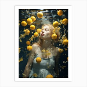 portrait of a woman surrounded by lemons surrealism Art Print