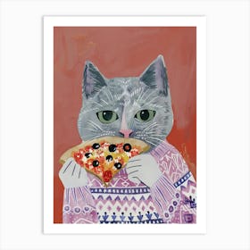 Cute Grey Cat Eating A Pizza Slice Folk Illustration 3 Art Print