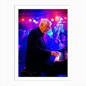 Elderly Pianist Immersed In A Soulful Performance Neon Lights Casting Vibrant Hues Across His Conce Art Print