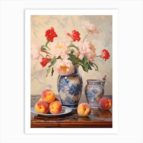 Peony Flower And Peaches Still Life Painting 4 Dreamy Art Print