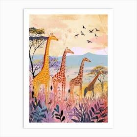 Giraffe In The Wild With Other Animals Watercolour Style 1 Art Print