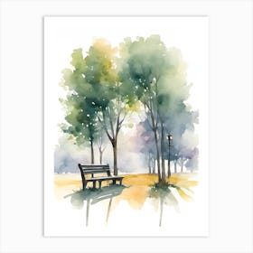 Outdoors Park Bench Beautiful Trees And Scenery Morning Art Print