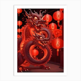 Two Red Dragons With Lanterns In A Red Setting Art Print