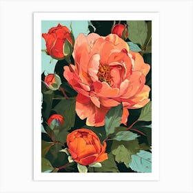 Roses On A Blue Background 1 Art Print