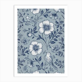 Blue And White Floral Wallpaper Art Print