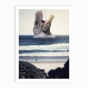 Surfing With Giant Dinosaur In Ocean Art Print