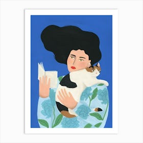 Cat And Woman Reading A Book Art Print