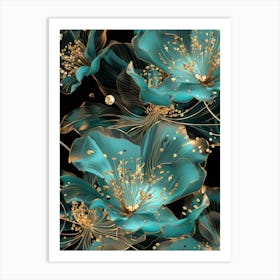 Teal Flowers Wallpaper Art Print