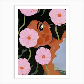 Woman Surrounded By Flowers Art Print