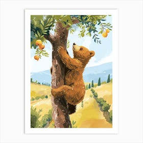 Brown Bear Cub Climbing A Tree Storybook Illustration 3 Art Print