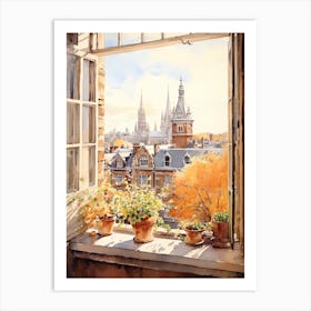 Window View Of Dublin Ireland In Autumn Fall, Watercolour 4 Art Print