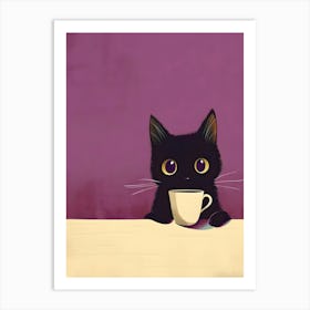 Black Cat With A Cup Of Coffee Art Print