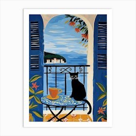 Black Cat In Amalfi Coast Blue Art Print