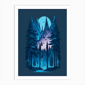 A Fantasy Forest At Night In Blue Theme 16 Art Print