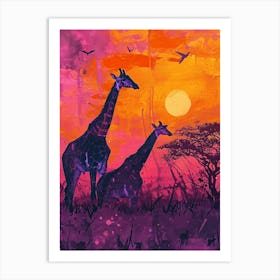 Two Giraffes At Sunset Purple 2 Art Print