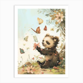 Sloth Bear Cub Playing With Butterflies Storybook Illustration 3 Art Print