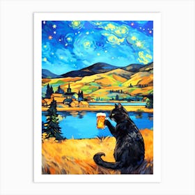 Starry Night Cat Painting Art Print