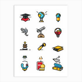 Cartoon Icons Sketched By Hand Illustrating Various Events And Educational Themes Such As A Gradua (1) Art Print