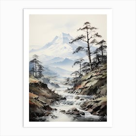 The Japanese Alps In Multiple Prefectures, Japanese Brush Painting, Ukiyo E, Minimal 2 Art Print