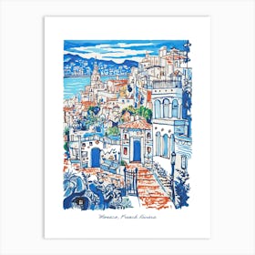 Monaco French Riviera Illustration Line Art Travel Blue Art Print