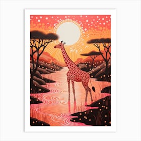 Giraffe In The River At Sunrise 2 Art Print