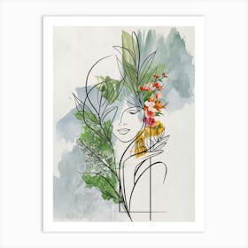 Watercolor Of A Woman With Flowers Art Print