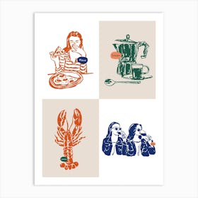 Illustration Of A Woman Eating Lobster Art Print