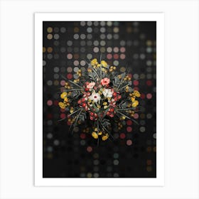 Vintage Dark Eyed Viscaria Flower Branch Floral Wreath on Dot Bokeh Pattern n.0667 Art Print