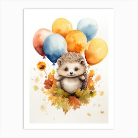 Hedgehog Flying With Autumn Fall Pumpkins And Balloons Watercolour Nursery 1 Art Print