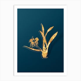 Vintage Clamshell Orchid Botanical in Gold on Teal Blue Art Print