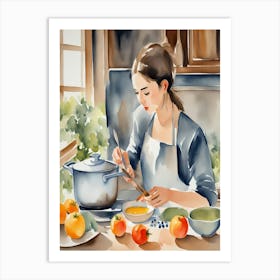 Watercolor Of A Woman Cooking Art Print