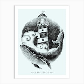 Whale Lighthouse Waves Ocean Sea Art Print