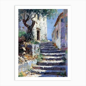 Mediterranean Stairway| Beautiful Country Villa Landscape Scenery Painting | Contemporary Art Print for Feature Wall | Vibrant Beautiful Wall Decor in HD Art Print