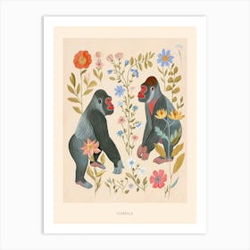 Folksy Floral Animal Drawing Gorilla 6 Poster Art Print