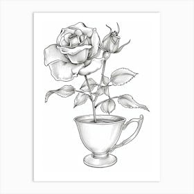 Rose In A Tea Cup Line Drawing 1 Art Print