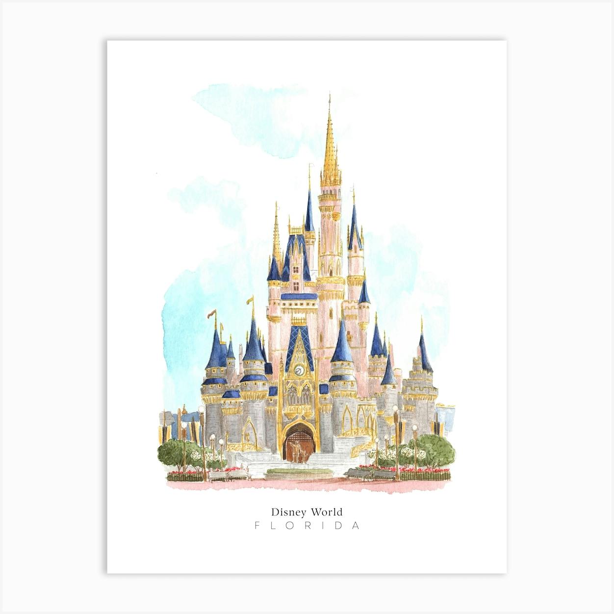 Walt Disney World Cinderella Castle Travel Art Print by Claudia Rose Draws  Fy