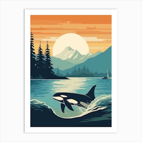 Orca Sunset & The Mountains Graphic Design 5 Art Print