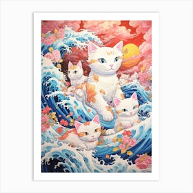 The Great Wave Off Kanagawa Cute Cats Kitsch Art Print