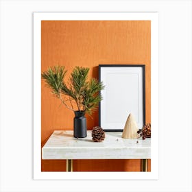 Autumnal Still Life Featuring A Cone A Framed Cotton Acorn And Pine Leaves On A Minimalistic Table (7) Art Print