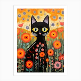 Black Cat In A Flower Field 1 Art Print