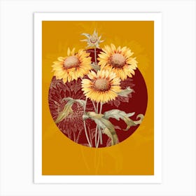 Vintage Botanical Blanket Flowers Galardia on Circle Red on Yellow n.0268 Art Print